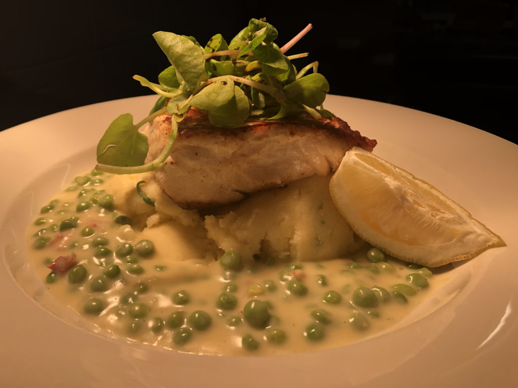 Pan Roasted Cod with a Pea & Pancetta Sauce